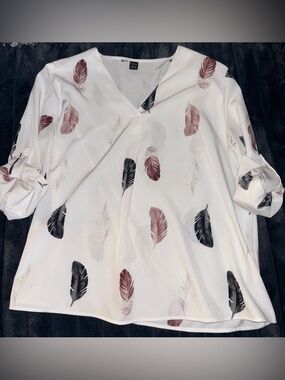 Women's White Feather Print V-Neck Blouse